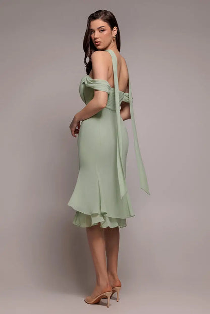Goddiva Chiffon Cowl Off Shoulder Wing Tiered Midi Dress