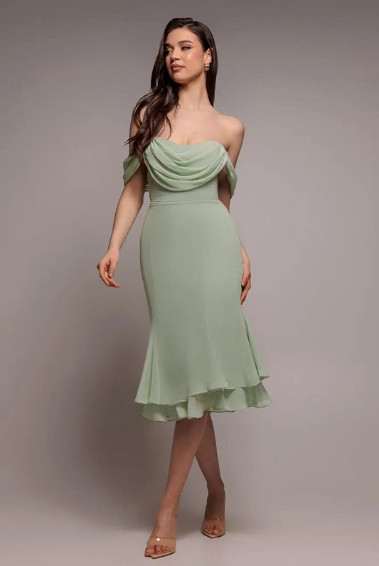 Goddiva Chiffon Cowl Off Shoulder Wing Tiered Midi Dress