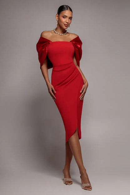 Emerald Goddiva Off Shoulder Back Satin Bow Scuba Midi Dress