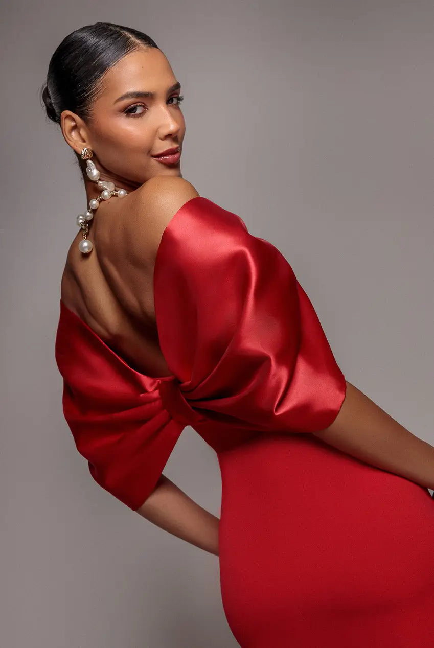 Black Goddiva Off Shoulder Back Satin Bow Scuba Midi Dress