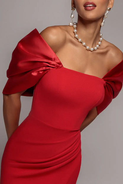 Emerald Goddiva Off Shoulder Back Satin Bow Scuba Midi Dress