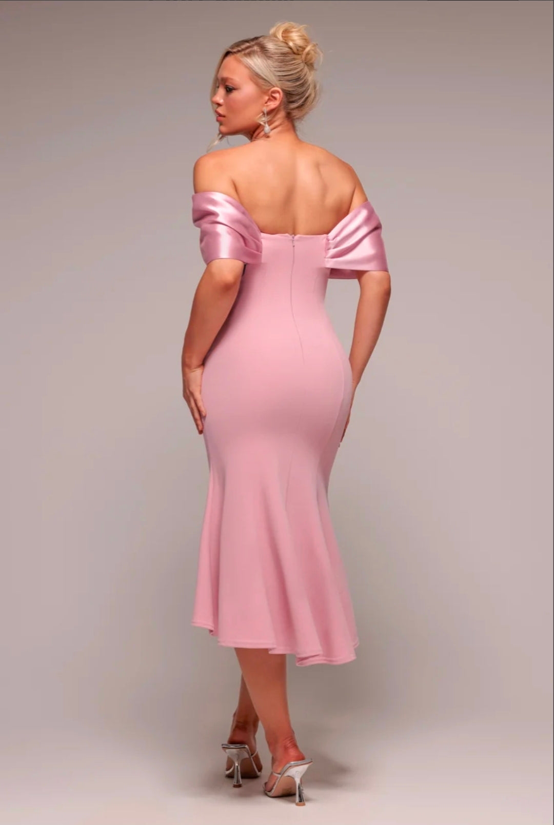 Goddiva Twist Knot Satin & Scuba Bardot High Low Midi Dress