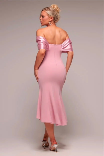 Goddiva Twist Knot Satin & Scuba Bardot High Low Midi Dress