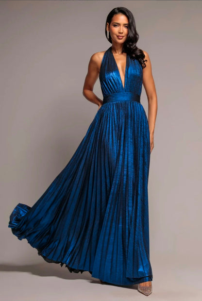 Goddiva Sunrise Foil Halterneck A-Line Maxi Dress