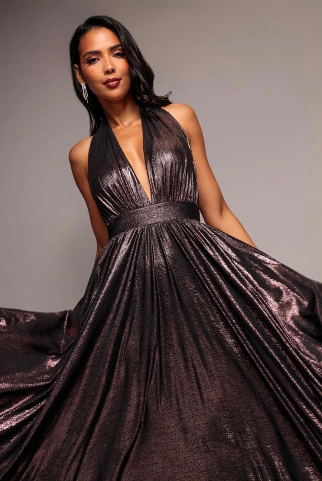 Goddiva Sunrise Foil Halterneck A-Line Maxi Dress
