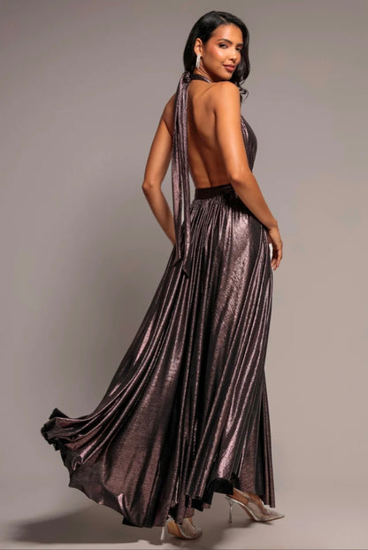 Goddiva Sunrise Foil Halterneck A-Line Maxi Dress