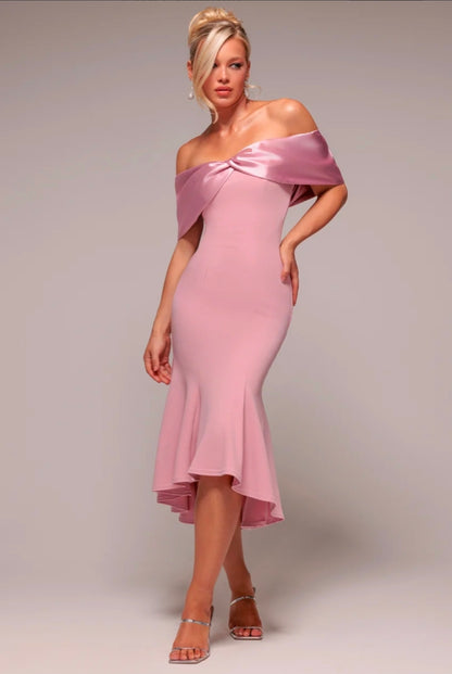 Goddiva Twist Knot Satin & Scuba Bardot High Low Midi Dress