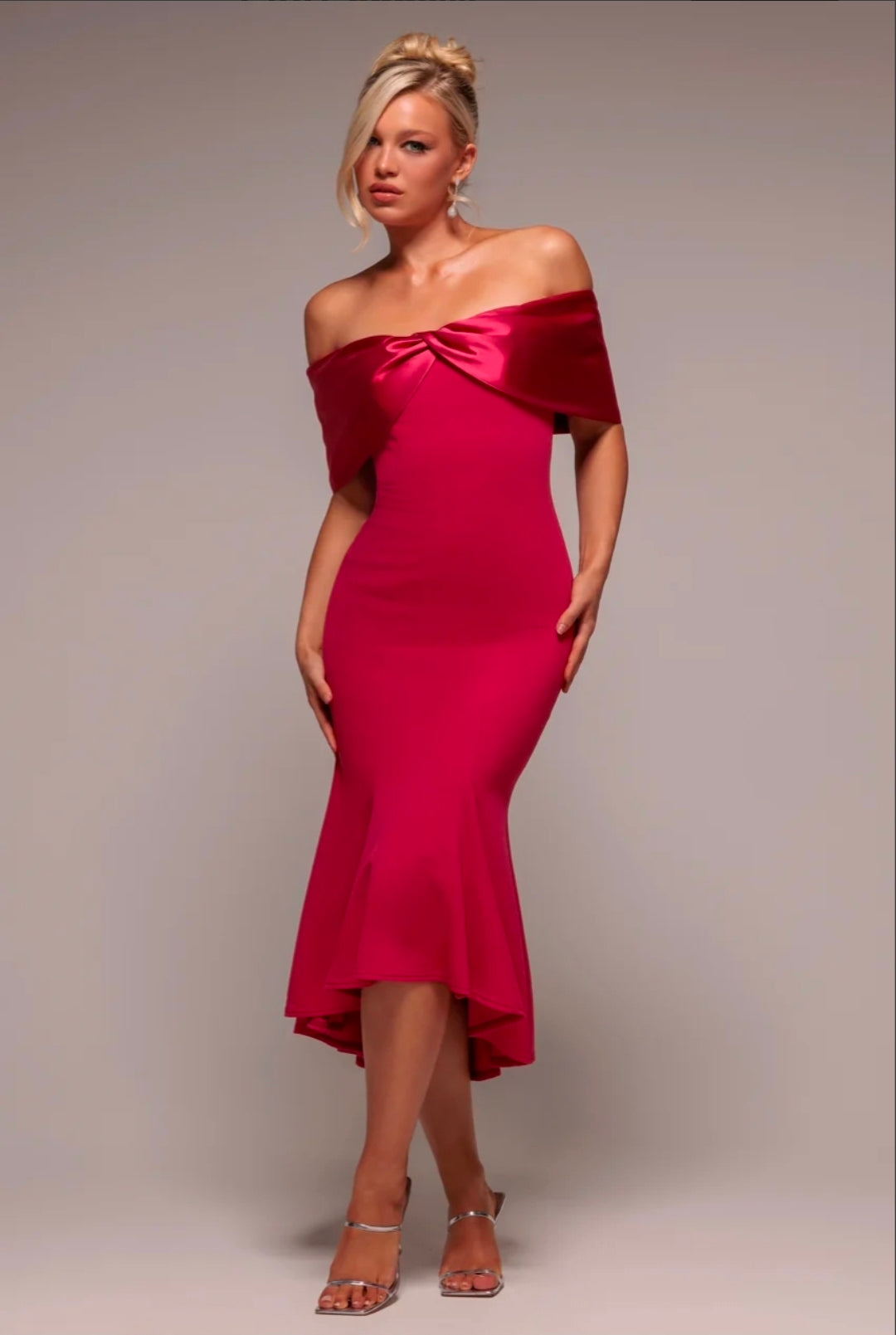 Goddiva Twist Knot Satin & Scuba Bardot High Low Midi Dress