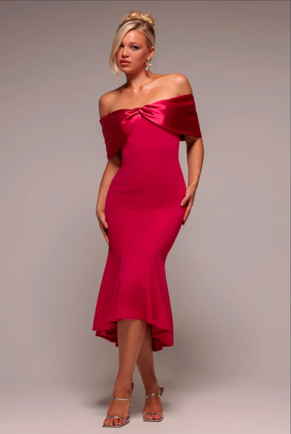 Goddiva Twist Knot Satin & Scuba Bardot High Low Midi Dress