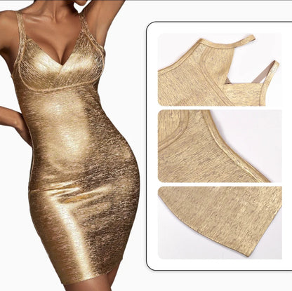 Gold Metallic Spaghetti-Strap Cocktail Dress