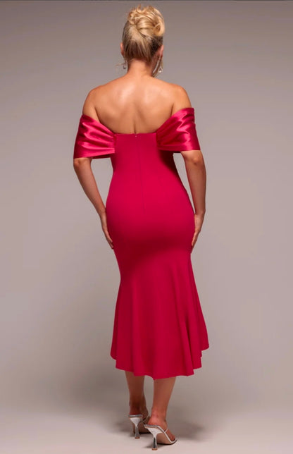 Goddiva Twist Knot Satin & Scuba Bardot High Low Midi Dress