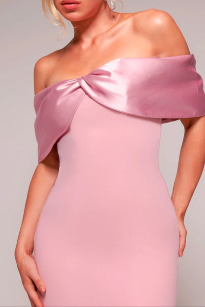 Goddiva Twist Knot Satin & Scuba Bardot High Low Midi Dress