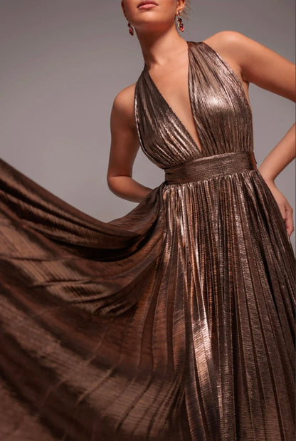 Goddiva Sunrise Foil Halterneck A-Line Maxi Dress