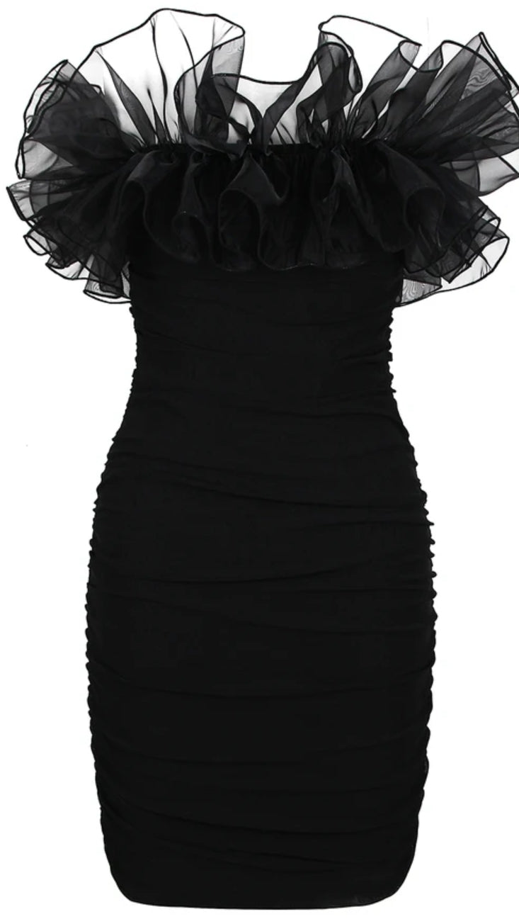 Black Mesh Ruffle Top Tube Bodycon Dress