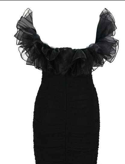 Black Mesh Ruffle Top Tube Bodycon Dress