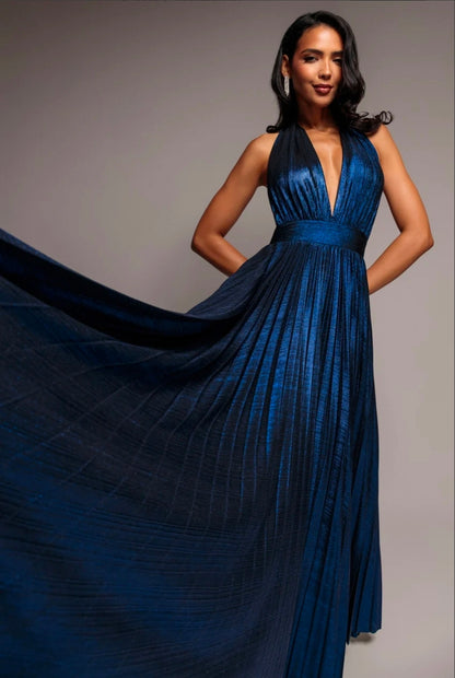 Goddiva Sunrise Foil Halterneck A-Line Maxi Dress
