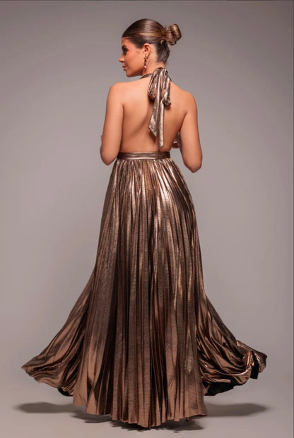 Goddiva Sunrise Foil Halterneck A-Line Maxi Dress