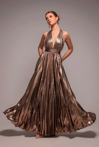 Goddiva Sunrise Foil Halterneck A-Line Maxi Dress