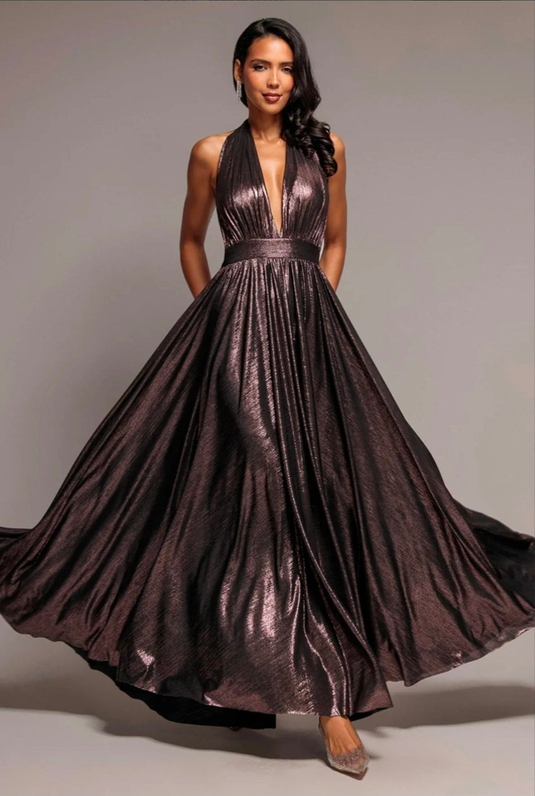 Goddiva Sunrise Foil Halterneck A-Line Maxi Dress