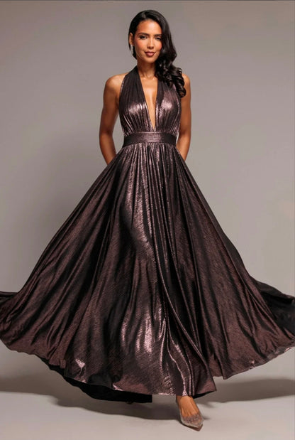 Goddiva Sunrise Foil Halterneck A-Line Maxi Dress