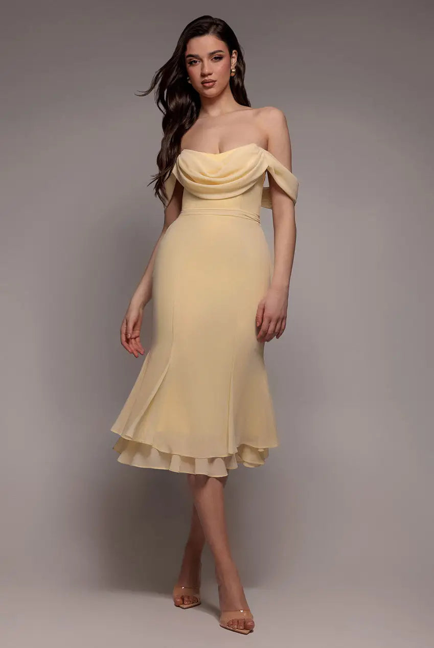 Goddiva Chiffon Cowl Off Shoulder Wing Tiered Midi Dress