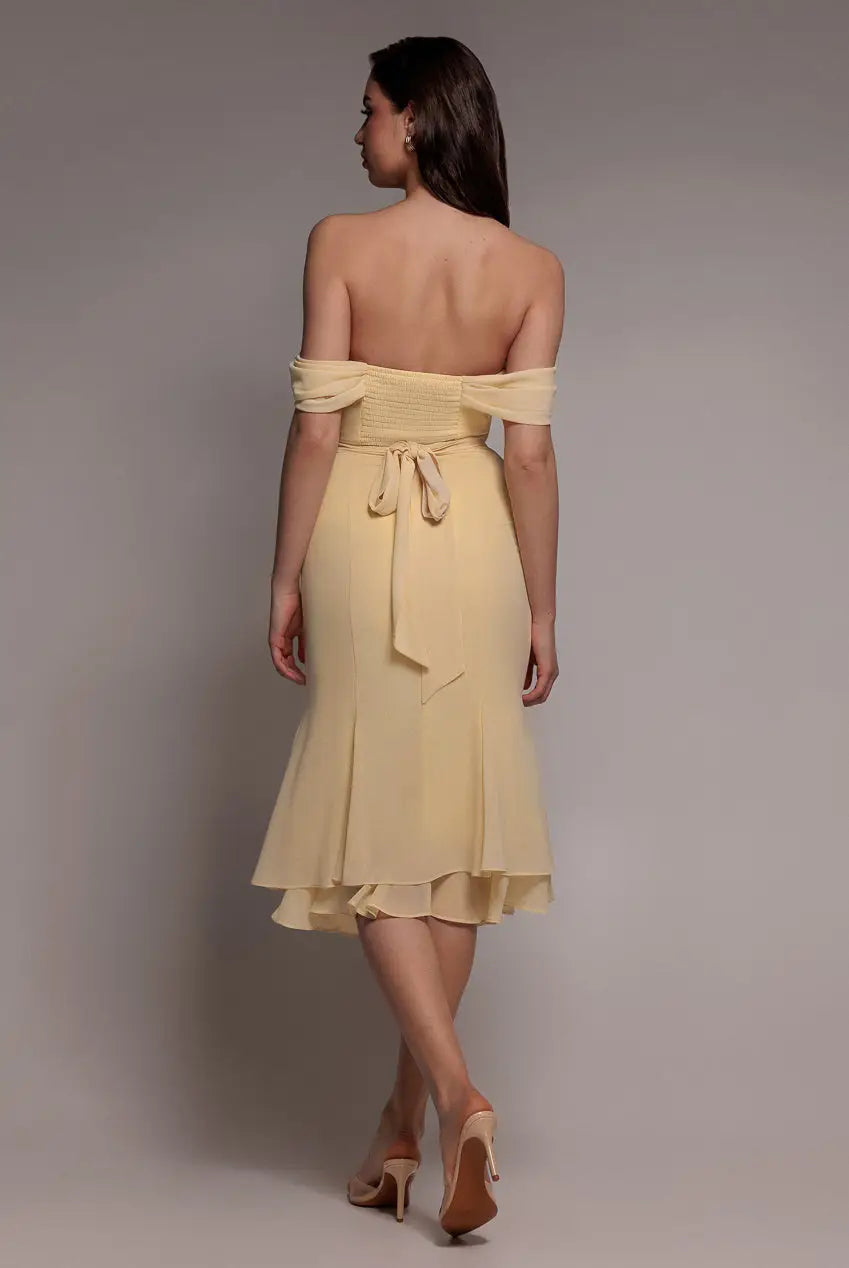 Goddiva Chiffon Cowl Off Shoulder Wing Tiered Midi Dress
