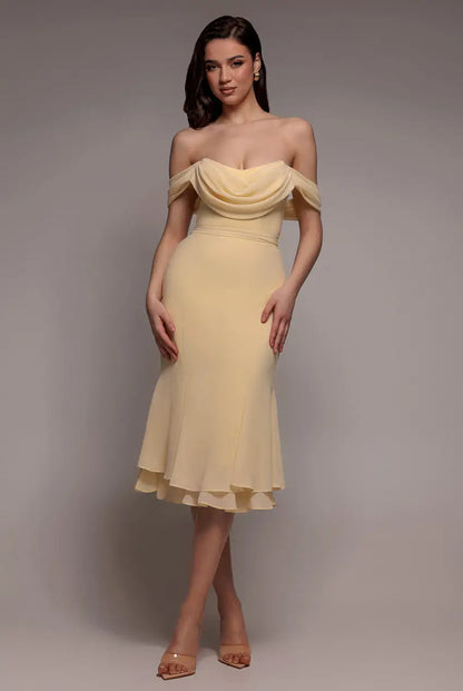 Goddiva Chiffon Cowl Off Shoulder Wing Tiered Midi Dress